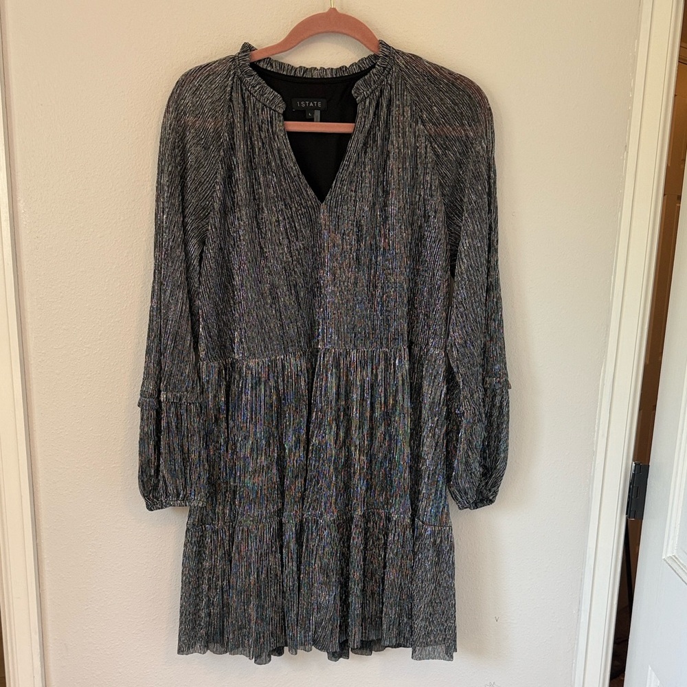 1. State Metallic Mini Dress Long Sleeve Black Grey Silver Large